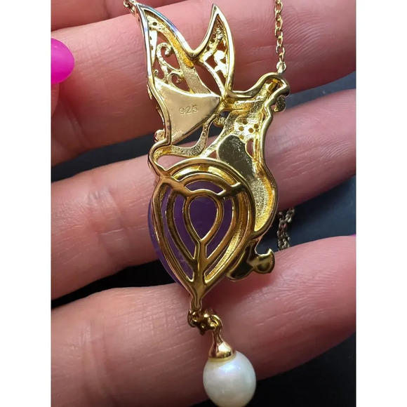 Fairy mermaid jadeite abalone and pearl pendant and chain in gold over sterling - Picture 7 of 11